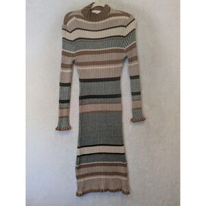 Sweet Generis Sweater Dress Women's S/M Brown Striped Mock Neck Ribbed Midi